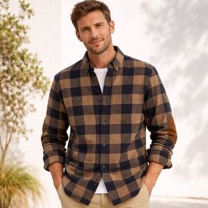 J. Crew Buffalo Plaid Flannel Faux Suede Elbow Patches Brown 100% Cotton Mens M